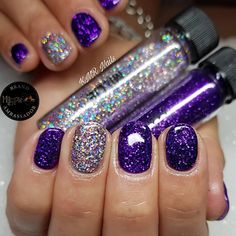 Purple And Silver Nails, Glitter Gel Nail Designs, Purple Nail Art Designs, Purple Gel Nails, Purple Glitter Nails, Silver Glitter Nails, Purple Nail Art, Glittery Nails