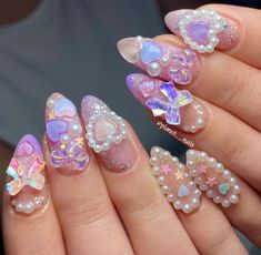 Cute Nails Asthetics, Pastel Nails With Charms, Nails With Lots Of Charms, Gem Nail Ideas, Hime Gyaru Nails, Decoden Nails, Nail Pose Ideas, Princess Nails Aesthetic, Pink Charm Nails