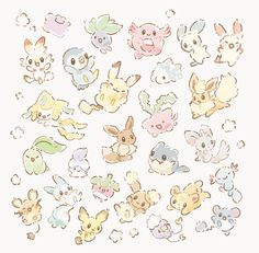 a bunch of cartoon animals that are on a white background with the words pokemon written in it