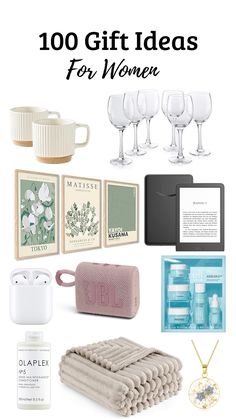 the gift guide for women is on display with wine glasses, soaps and other items