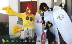 two people in costumes holding surfboards and posing for the camera outside their house with one person dressed as a chicken