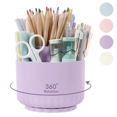 a purple container filled with lots of different colored pencils and pens on top of a white background