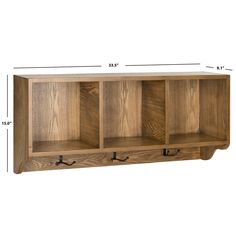 a wooden shelf with three hooks on the bottom and two shelves below it, measurements for each