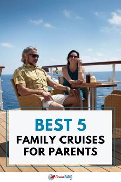 A couple enjoying drinks on the deck of a cruise ship with a calm ocean and blue sky in the background.