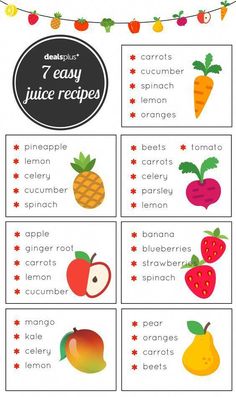 an image of fruits and vegetables with the words 7 easy juice recipes