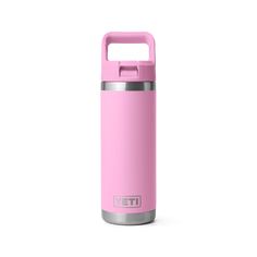 the yeti insulated bottle is pink and has a stainless steel lid that matches it