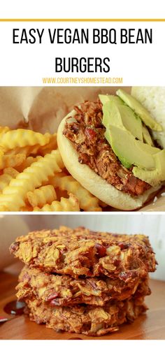 two pictures with the words easy vegan bbq bean burgers and fries on them