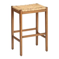 a wooden stool with a woven seat