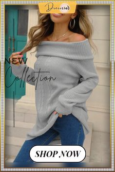 Fashion Tops Women Autumn Winter Straight Neck Sweater Solid Color Knitted Pullover Temperament Dress Oversized Sweater Casual Cable Knit Sweater Dress For Winter, Casual Oversized Knitted Sweater Dress, Casual Knitted Sweater Dress In Solid Color, Casual Knitted Sweater Dress For Winter, Casual Long Sleeve Chunky Knit Sweater Dress, Casual Textured Knit Sweater Dress For Winter, Casual Gray Sweater Dress For Winter, Gray Long-sleeved Knitted Sweater Dress, Oversized Knitted Sweater Dress