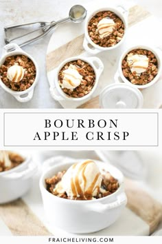 bourbon apple crisp with ice cream and caramel drizzle on top in white bowls