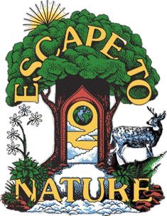 the logo for escape to nature with an image of a deer standing in front of a tree