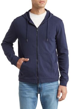 Layer on this full-zip hoodie constructed from soft, breathable cotton for easy-wear comfort. Two-way front-zip closure Drawstring hood Split kangaroo pocket 100% cotton Machine wash, tumble dry Imported Model stats: 6'1" height, 32" waist. Model is wearing size Medium. Casual Hoodie With Zipper Closure, Casual Hooded Jacket With Zipper Closure For Loungewear, Casual Solid Cotton Hooded Jacket, Casual Hoodie With Zipper Closure In Relaxed Fit, Casual Fleece Hoodie With Zipper, Cotton Athleisure Hooded Jacket For Spring, Spring Cotton Hooded Jacket In Athleisure Style, Spring Cotton Athleisure Hooded Jacket, Casual Fleece Hooded Jacket With Zipper Closure