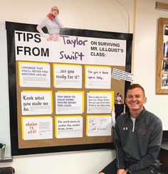 a man sitting in front of a bulletin board with tips from taylor swift on it