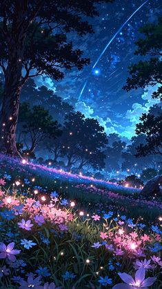 the night sky is filled with stars and flowers