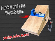 a wooden box with tools in it and the words pocket hole jig workstation