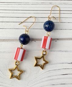 Stars and stripes make these the perfect accessory for a July 4th soiree! Gold plated ear wire, nickel free. Makes a great gift or something special to treat yourself! Thanks for looking! Nickel Free Dangle Jewelry For 4th Of July, Patriotic Earrings For 4th Of July, Summer Star-shaped Jewelry For Pierced Ears, Independence Day Dangle Earrings As Gift, Blue Ear Wire Jewelry For 4th Of July, Independence Day Dangle Earrings Gift, Patriotic Earrings For Summer Gift, Patriotic Earrings For 4th Of July Gift, Patriotic 4th Of July Earrings