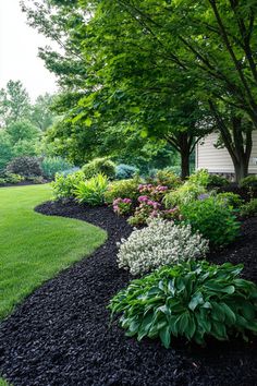 Beautifully landscaped yard with lush green grass, mulched garden beds, and various flowering plants under large trees. Grassless Backyard Ideas, Grassless Backyard, Grassless Yard, Backyard Landscape Ideas, Creative Backyard, Small Backyards, Landscaping Projects, Landscaping Ideas On A Budget, Backyard Landscape