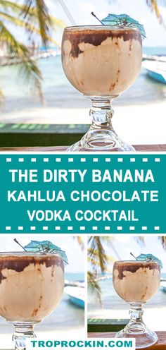 three shots of banana kahlua vodka cocktail on a table with the ocean in the background