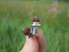 a person holding two rings with some food on them in their hand and grass behind them