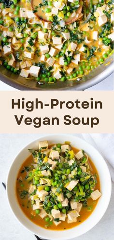 high protein vegan soup with peas and tofu