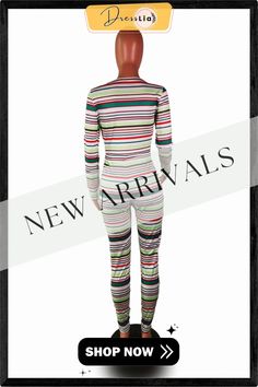 Womens Color Striped Printed Long Sleeve Skinny Jumpsuit Multicolor Stretch Bodysuit Casual Style, Fitted Multicolor Jumpsuits And Rompers For Loungewear, Fitted Multicolor Jumpsuit For Loungewear, Casual Multicolor Stretch Bodysuit, Trendy Striped Fitted Bodysuit, Color Stripes, 1 Million, Jumpsuit Romper, Shop Now