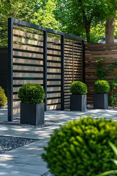 Modern garden with tall wooden privacy screens and neatly trimmed shrubs in square black planters, surrounded by lush greenery and paved walkways. Porch Privacy Wall Ideas, Privacy Screen Backyard, Privacy Screen Porch Ideas, Screening Wall Outdoor, Diy Backyard Privacy Screen, Front Yard Privacy Screen, Yard Screening Ideas, Privacy Wall Front Of House, Diy Pool Privacy Ideas