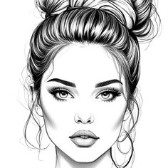 a black and white drawing of a woman's face with her hair in a bun