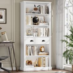 a white bookcase with lots of books on it