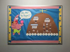 a bulletin board with an image of a cartoon character in front of it that says, who are you people?