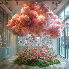 an art installation made out of pink flowers