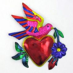 a colorful bird with a heart and flowers