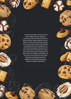 a frame with cookies and chocolate chip cookies on black background, hand drawn illustration stock photo