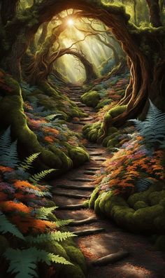 a painting of a path in the middle of a forest