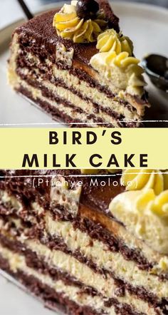 a piece of cake on a plate with the words bird's milk cake over it