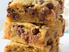 chocolate chip cookie bars stacked on top of each other