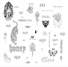 various tattoo designs on a white sheet with the words revolution written in black and white