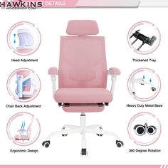 the pink office chair is shown with all its features and instructions on how to use it