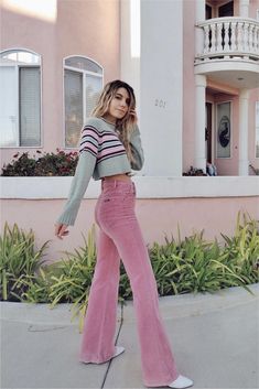 Fit And Flare Pants, Pink Flares Outfit, Unique Outfits For Women, Flared Corduroy Pants Outfit, 60s Clothes Women, Soft 60s Aesthetic, Girly Street Style, Flare Pant Outfit, What To Wear With Flared Jeans