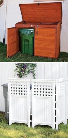 two pictures side by side one has a green trash can and the other has a white fence