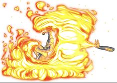 a drawing of a man riding a surfboard on fire with flames coming out of it