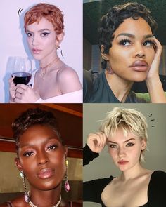 four different women with short hair and one has a glass of wine in her hand