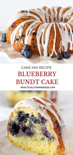 blueberry bundt cake on a white plate with icing