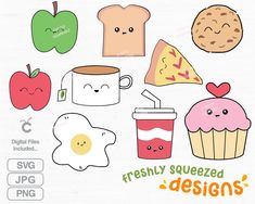 some food and drinks are grouped together to make a cute clipart for your design project