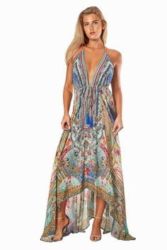 Queens Garden High-Low Halter Handkerchief Long Dress for Beach Party - La Moda Boho Resort & Swimwear Dress For Beach Party, Dress For Beach, Designer Resort Wear, Resort Swimwear, Maxi Halter Dress, Light As A Feather, Wholesale Dress, Feminine Dress, Women Maxi