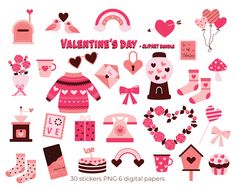 valentine's day clipart set with pink and red items, hearts, cupcakes