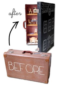 two suitcases with the words before and after painted on them, one has a doll house in it