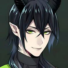 an anime character with black hair and green eyes