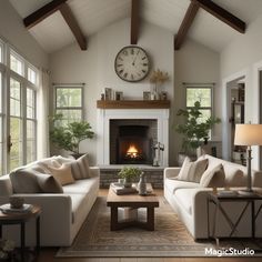 a living room filled with furniture and a clock on the wall above a fire place