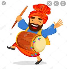 a man with a beard and turban holding a drum in his hand while smiling