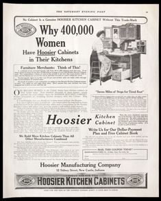 an old advertisement for the hoosier kitchen cabinet company, which is now on sale